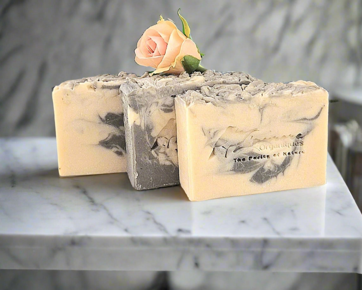 An intriguing black and white soap featuring activated charcoal, cocoa butter and shea butter.